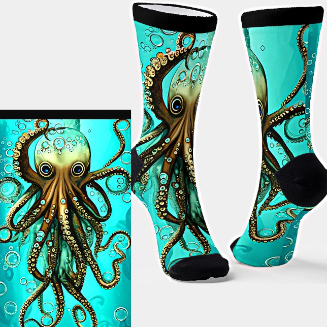 Octopus & Bubbles in Aqua Ocean on  Black Socks (Creator Uploaded)