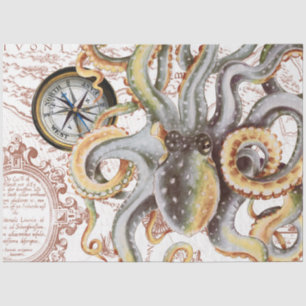 Octopus Burnt Orange Vintage Map Compass Nautica Tissue Paper