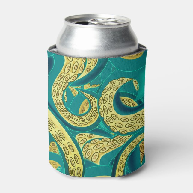 Octopus Can Cooler Teal and Gold (Can Front)