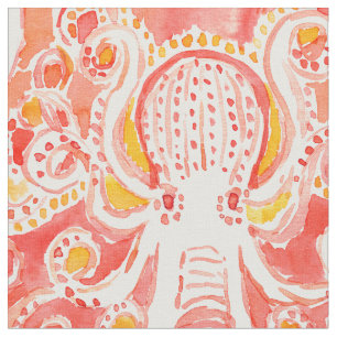 OCTOPUS Coral Nautical Whimsical Watercolor Print Fabric
