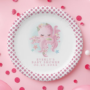 Octopus Cute Pink Watercolor Girl Baby Shower Paper Plate