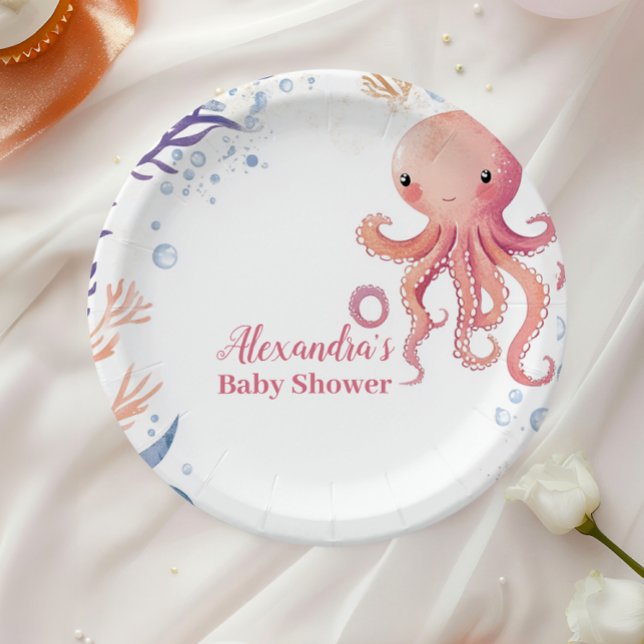 Octopus Cute Pink Watercolor Girl Paper Plate (Creator Uploaded)