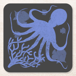 Octopus (dark background) square paper coaster
