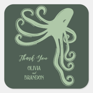 Octopus Deep Sea Modern Wedding, Green Square Sticker