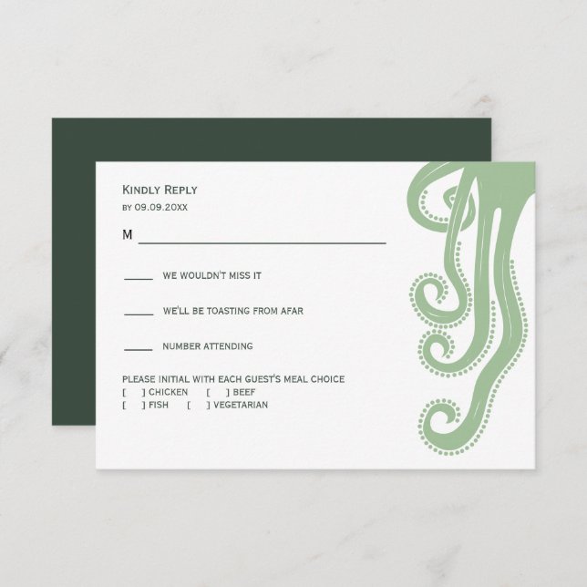 Octopus Deep Sea Modern Wedding Response, Green RSVP Card (Front/Back)