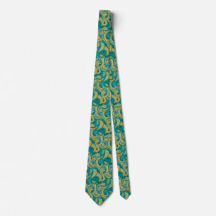 Octopus Design Neck Tie - Gold Turquoise