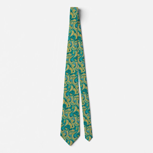 Octopus Design Neck Tie - Gold Turquoise (Front)