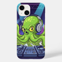 Octopus DJ with Turntables – Neon Party Cartoon