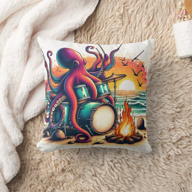 Octopus Drumming at Sunset by the Ocean Shore Cushion (Blanket)
