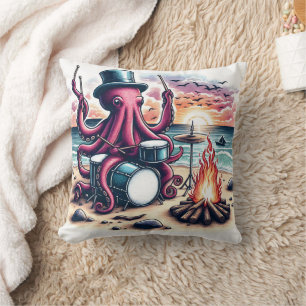 Octopus Drumming by a Beach Campfire at Sunset Cushion
