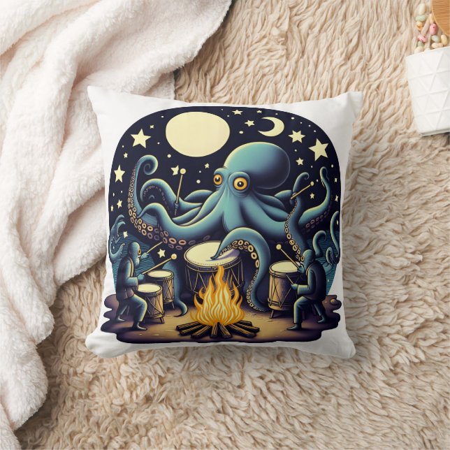 Octopus Drumming by Moonlit Campfire Cushion (Blanket)
