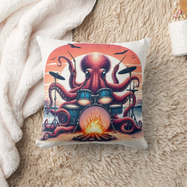 Octopus Drumming by the Beach at Sunset Cushion (Blanket)