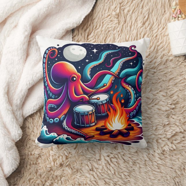 Octopus Drumming by the Campfire Under Moonlight Cushion (Blanket)