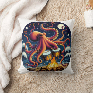 Octopus Drumming By The Campfire Under Moonlight Cushion