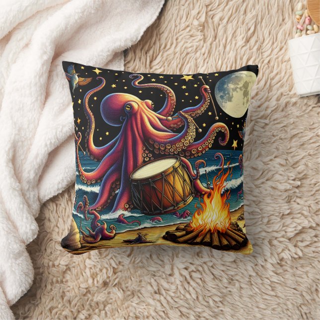 Octopus Drumming by the Moonlit Ocean Fire Cushion (Blanket)
