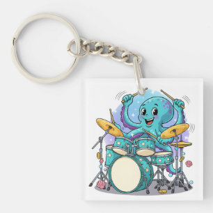 Octopus Drumming Funny Cartoon Octopus Drummer Key Ring