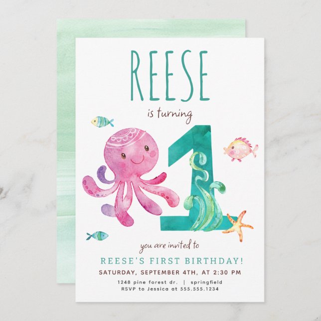 Octopus First Birthday Invitation (Front/Back)