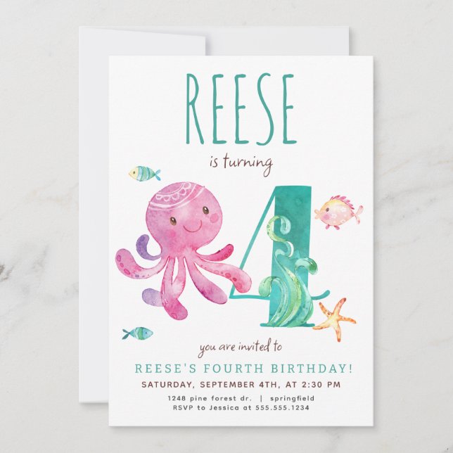 Octopus Fourth Birthday Invitation (Front)