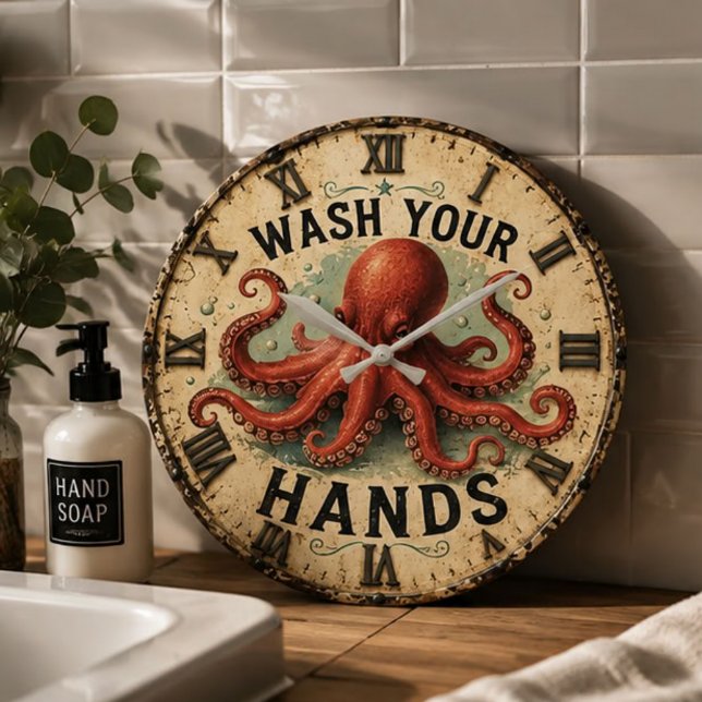  Octopus Funny Coastal Nautical Beach House Large Clock (Creator Uploaded)