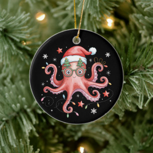 Octopus Glasses Santa Hat Christmas Light Ocean Ceramic Ornament