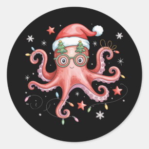Octopus Glasses Santa Hat Christmas Light Ocean Classic Round Sticker