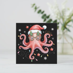 Octopus Glasses Santa Hat Christmas Light Ocean  Holiday Card