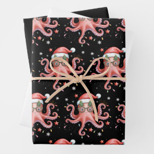 Octopus Glasses Santa Hat Christmas Light Ocean Wrapping Paper Sheet