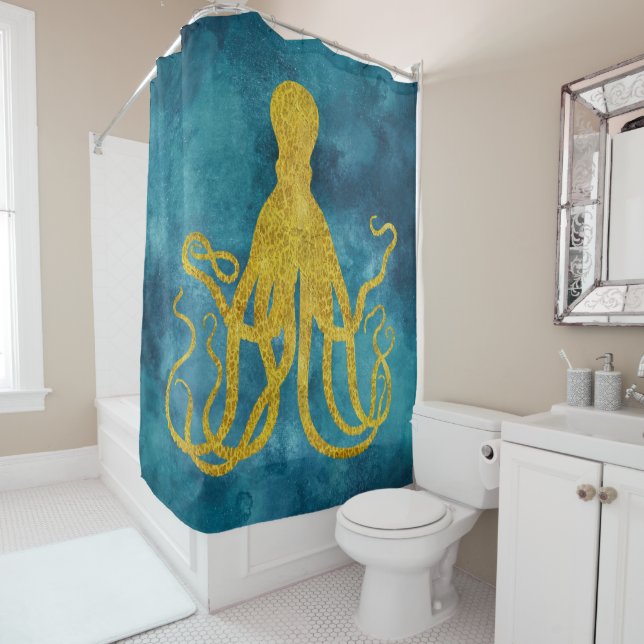 Octopus Gold Leopard Skin Print | Teal Aqua Blue Shower Curtain (In Situ)