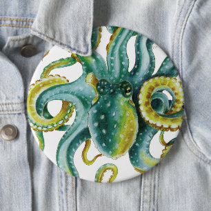 Octopus Green Tentacles Watercolor Art 6 Cm Round Badge