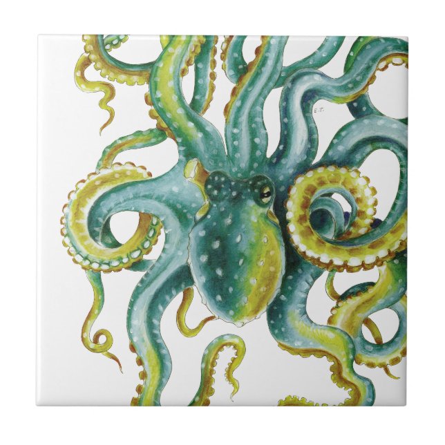 Octopus Green Watercolor Art Ceramic Tile (Front)