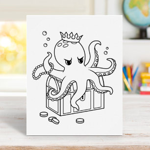 Octopus Guarding Treasure Chest Colouring Page Poster
