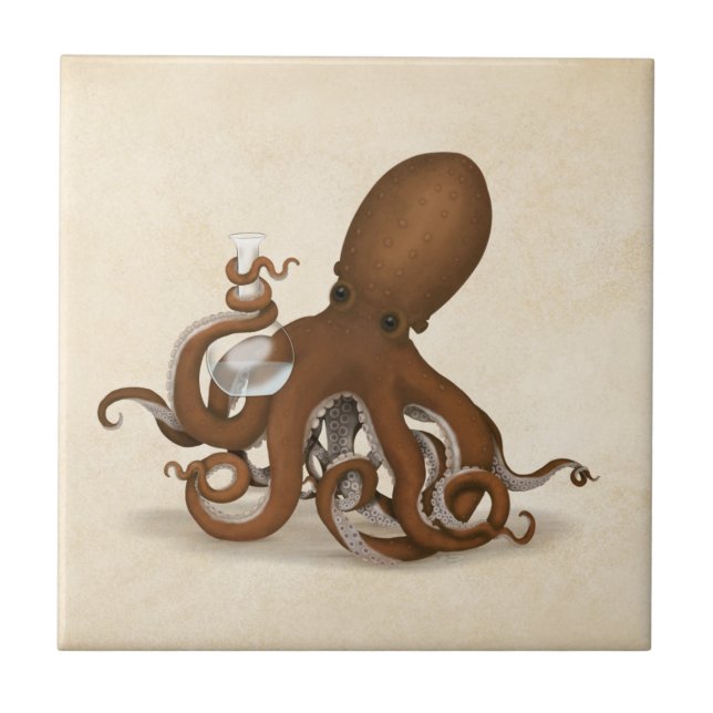 Octopus Holding Chemistry Flask Steampunk Science Ceramic Tile (Front)