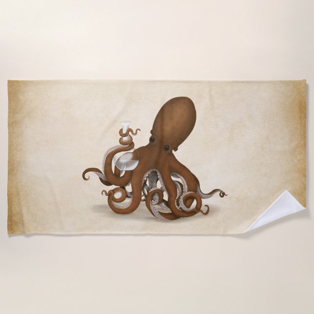 Octopus Holding Glass Flask Chemistry Steampunk Beach Towel (Front)