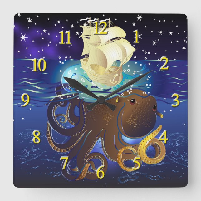 Octopus Huge and Caravella Square Wall Clock (Front)