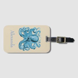 Octopus in blue and tan Personalised Luggage Tag