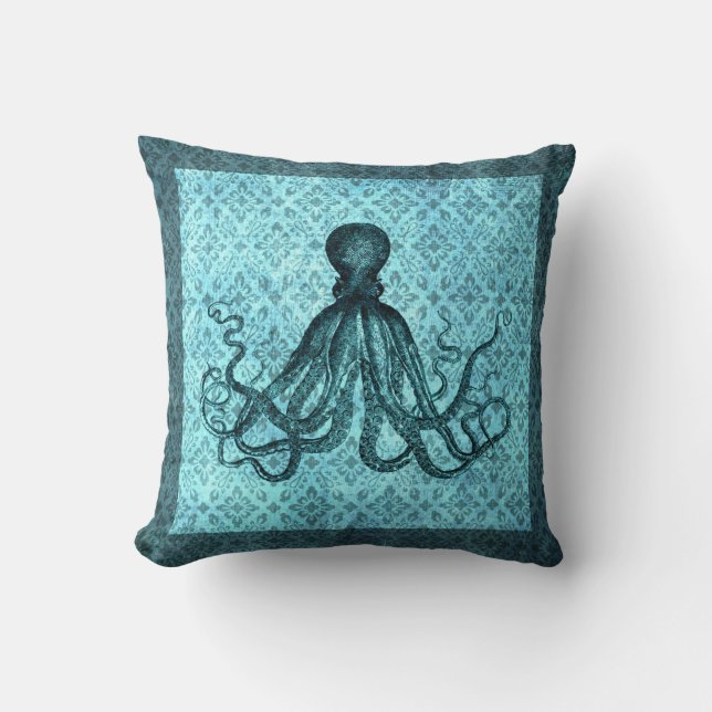 Octopus in Teal on Damask Cushion (Front)
