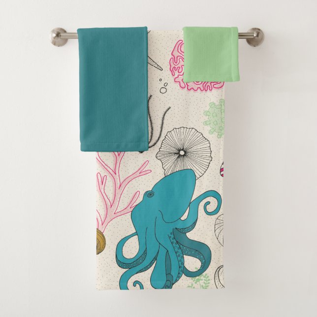 Octopus in the bathroom! Coral reef themed Bath Towel Set (Insitu)