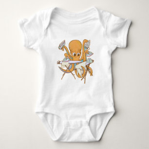 Octopus ironing, overwhelmed by chores. baby bodysuit