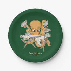 Octopus ironing, overwhelmed by chores. paper plate