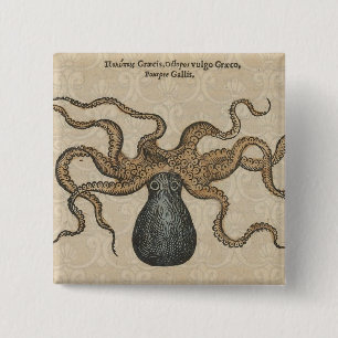 Octopus Kraken Antique Coastal Marine Wildlife 15 Cm Square Badge