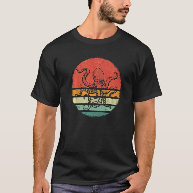 Octopus Kraken Cuttlefish Retro Sunset T-Shirt (Front)