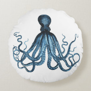 Octopus kraken nautical coastal ocean beach blue round cushion