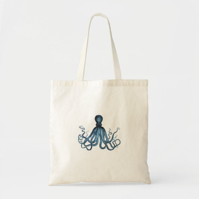 Octopus kraken nautical coastal ocean beach blue tote bag (Front)