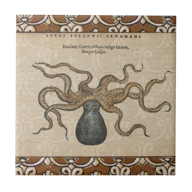Octopus Kraken Vintage Illustration Ceramic Tile (Front)