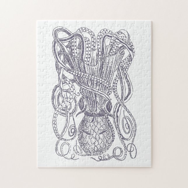 Octopus Line Art Drawing Block Print in Purple Jigsaw Puzzle (Vertical)