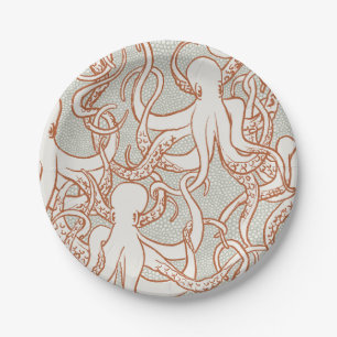 Octopus Line Art   Round Plates (Orange & Gray)