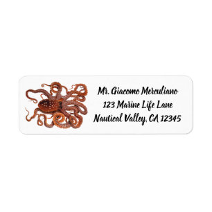 Octopus Macropus, Vintage Marine Aquatic Animals Return Address Label