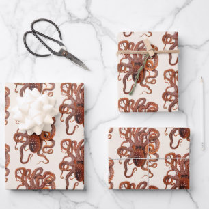 Octopus Macropus, Vintage Marine Aquatic Animals Wrapping Paper Sheet