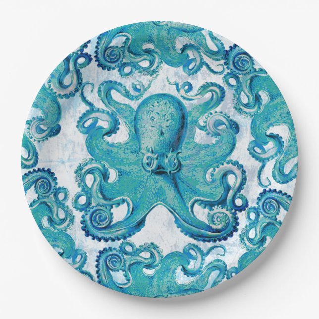 Octopus Marine Life Ocean Animals Beach Nautical Paper Plate (Front)