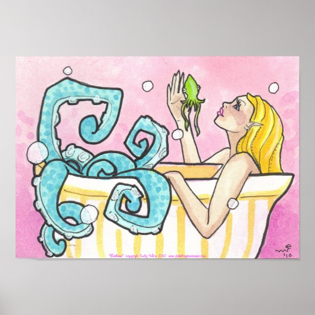 Octopus Mermaid in Bathtub fantasy art poster (Front)